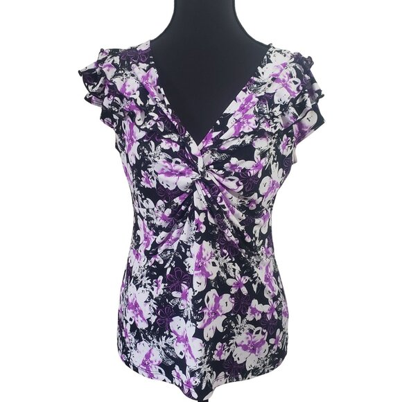Womens Y2K Floral Ruffle‎ Babydoll  Blouse Petite Top Size L Fairy Romantic - Picture 1 of 8